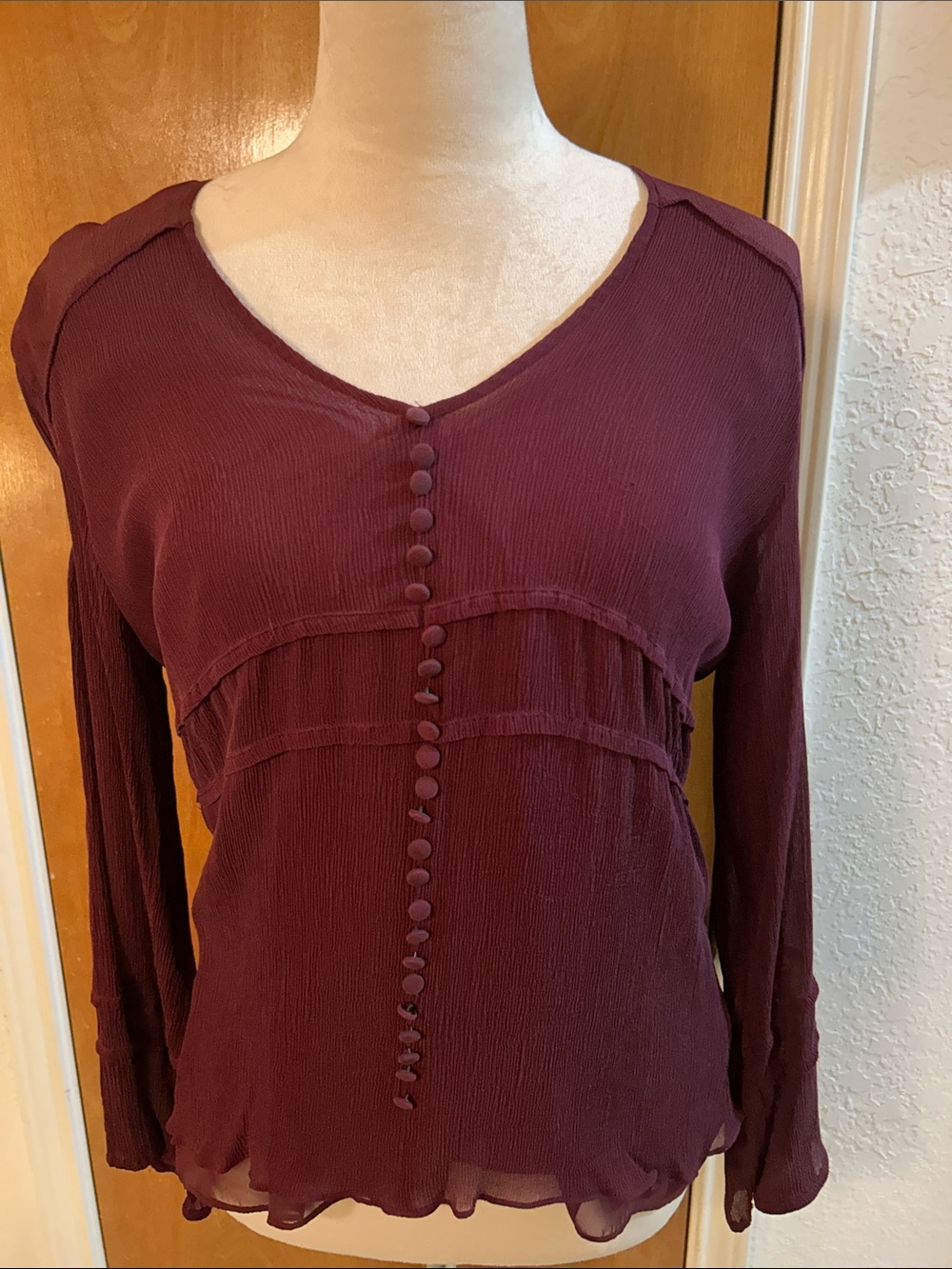 Women’s V-Neck Long Sleeve Blouse Dress in Deep Burgundy. 12
